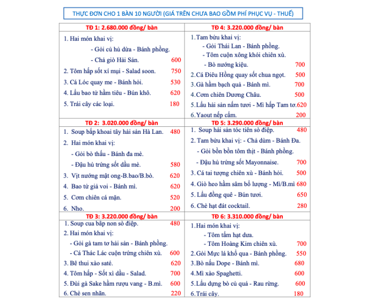 THỰC ĐƠN CHỌN MÓN 2025 MỚI NHẤT TẠI NHTC KIM THANH