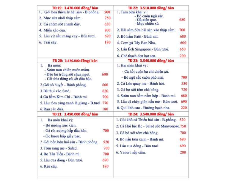 THỰC ĐƠN CHỌN MÓN 2025 MỚI NHẤT TẠI NHTC KIM THANH
